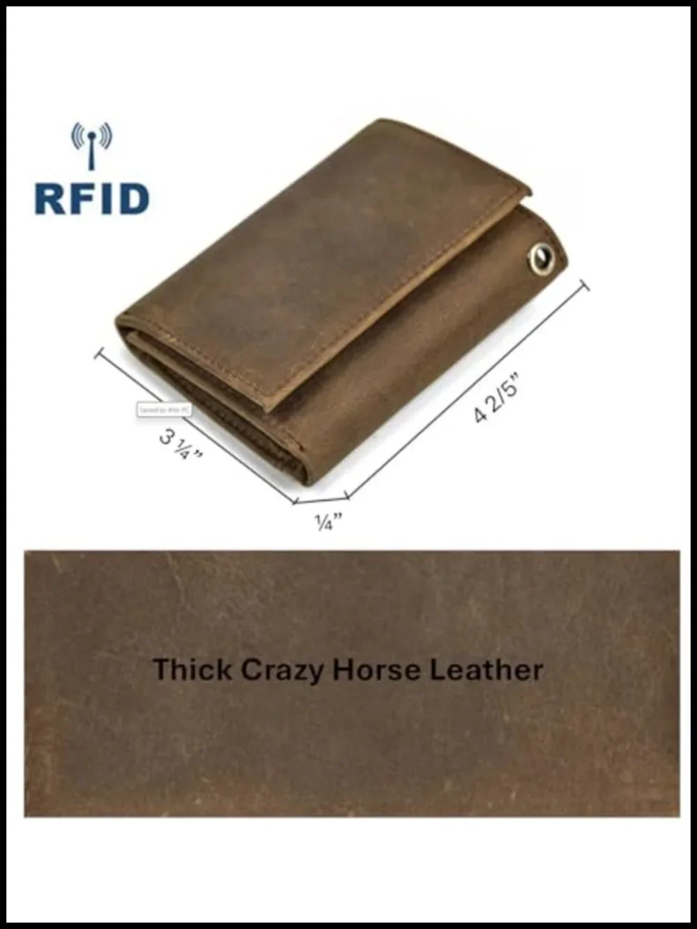 Genuine Leather Trifold Wallet with Metal Chain for Men - RFID Blocking Card
